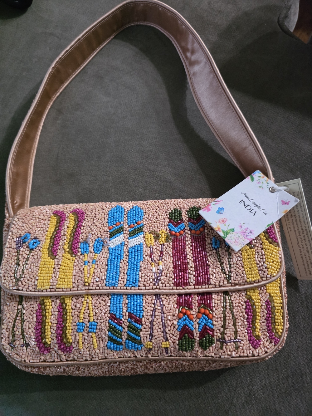 Handcrafted Beaded Shoulder Bag in Beige with Multicolor Accents